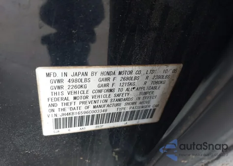 2006 Acura Rl 3.5 from USA, damaged, VIN JH4KB16596C003349